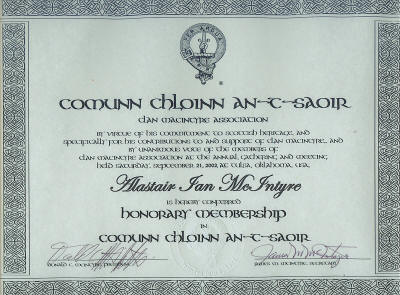 Receive Honorary Membership of Clan MacIntyre Association