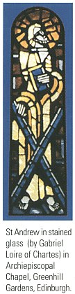 St Andrew in stained glass (by Gabriel Loire of Chartes) in Archiepiscopal Chapel, Greenhill Gardens, Edinburgh.