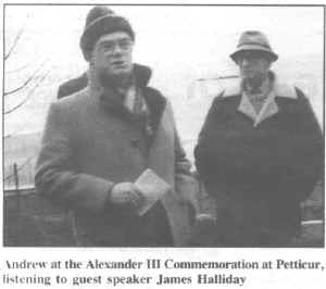 Andrews at the Alexander III Commemoration at Petticur, listening to guest speaker James Halliday.