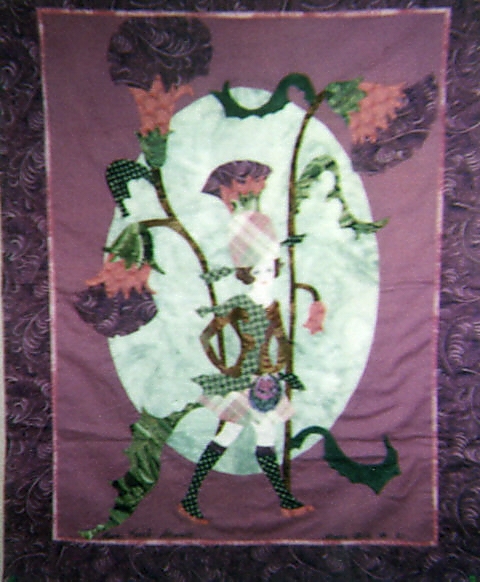 This is an applique by Reva Rourk Stewart that has been put on display in The Odom Library by The Clan Stewart Society.  It is every bit hand stitched and sewn and is equisite needlework.