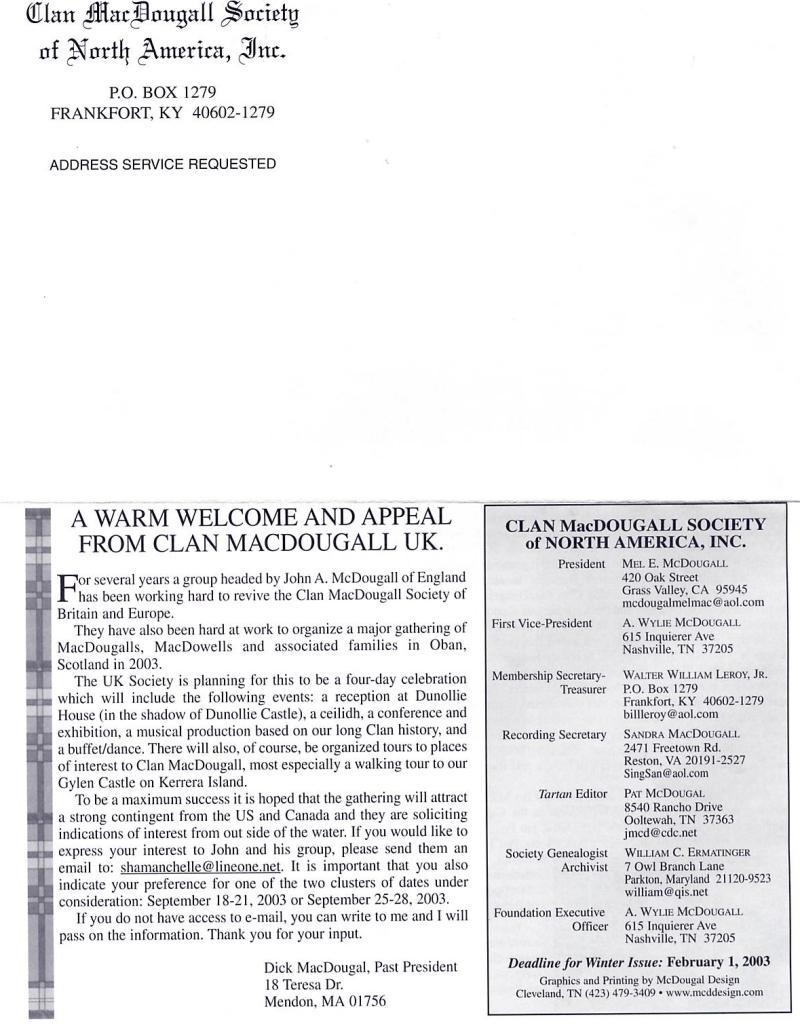 Clan MacDougall Newsletter Fall 2002