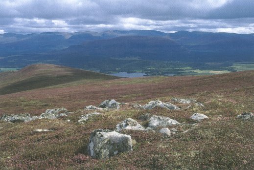 View of Strathspey from the Monadhliath mountains showing Loch Awe and the Cairngorms