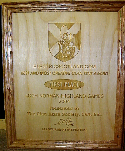 First Place plaque awarded to the Clan Keith Society, USA, Inc.