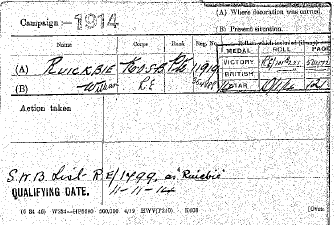 William Ruickbie World War 1 medal card
