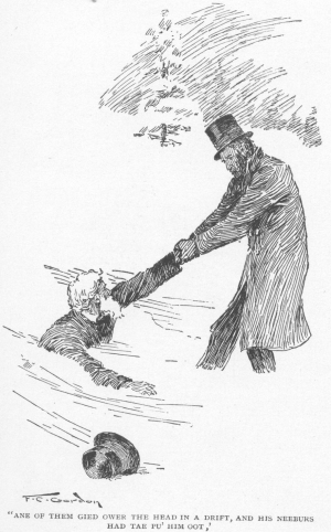 ane of them gied ower the head in a drift, and his neeburs hed tae pu him oot.