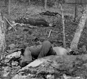 Gettysburg, Pa. Four dead soldiers in the woods near Little Round Top