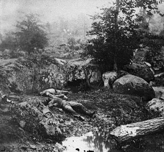 Gettysburg, Pa. Dead Confederate soldiers in the "slaughter pen" at the foot of Little Round Top