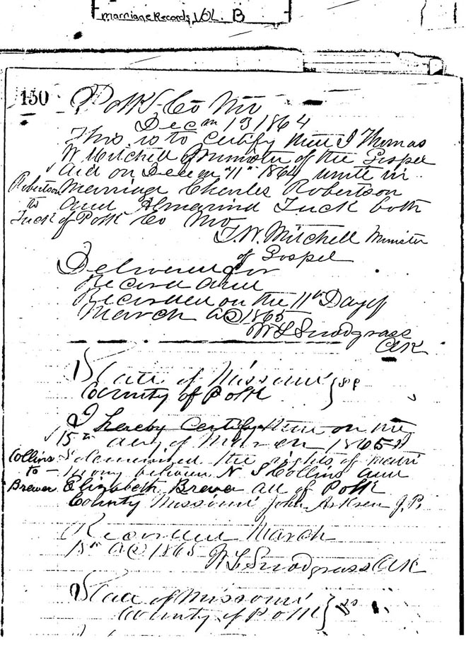 marriage record between N.S. (Nathaniel Stewart) Collins and Elizabeth Brewer