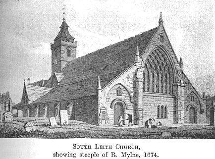 South Leith Church, showing steele of R.Mylne, 1674.
