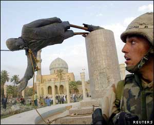 An enduring image of the war - Saddam Hussein's statue pulled to the ground - was shown live around the world.