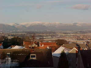 Looking over Falkirk toward Alloa and the Ochil Hills