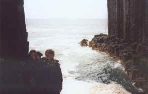 Inside Fingal's Cave, looking out. It was a gray and stormy day.
